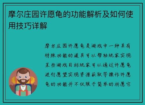 摩尔庄园许愿龟的功能解析及如何使用技巧详解